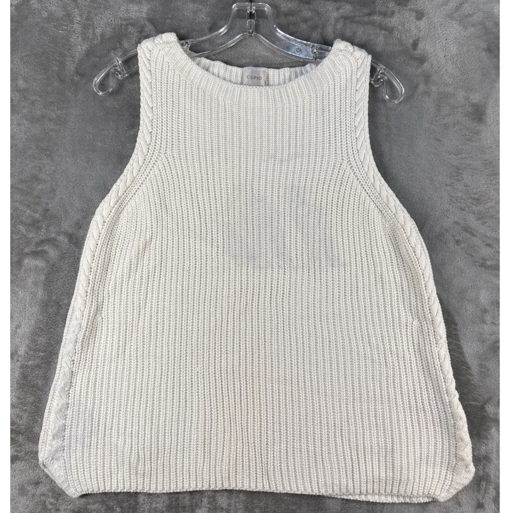 Cupio Sweater Tank Women XL Sleeveless White Ribbed Cable Knit Trim EUC